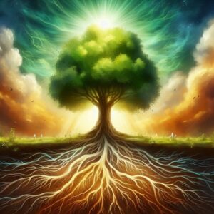 An artistic representation of a towering tree with sprawling branches reaching toward a radiant sky, surrounded by vibrant greenery. The image shows the tree’s roots visible underground, symbolizing its transformation from a tiny seed in darkness to flourishing growth. Bright and earthy tones emphasize themes of resilience, persistence, and transformation, inspiring viewers to embrace their journey of personal growth.