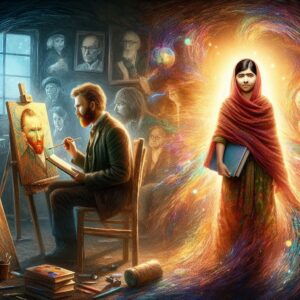 An artistic depiction featuring Vincent van Gogh painting in a dimly lit room surrounded by his artwork, symbolizing creativity and resilience amidst adversity. The scene transitions into Malala Yousafzai standing confidently with a book in hand, illuminated by soft, hopeful light, representing her advocacy for education and triumph over hardship. The image conveys themes of growth, hope, and strength through vivid earthy tones and inspiring visuals.