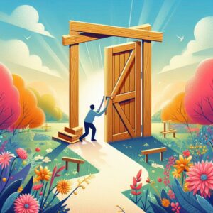 A symbolic digital illustration of a handcrafted wooden door standing in a lush, sunlit forest path, representing opportunity, perseverance, and personal growth. The inviting scenery reflects themes of creating success through effort and resilience, aligning with the idea of building your own path to achievement. Ideal for mental health and self-improvement content.