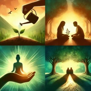 An artistic visualization of personal growth through challenges, featuring scenes of a person watering a sprouting plant under soft sunlight (symbolizing nurturing self-care), meditating in peaceful surroundings (representing patience), embracing a supportive friend (illustrating seeking support), and reflecting under a large tree (signifying learning from hardship). The image uses vibrant greens and warm tones to convey hope, resilience, and personal development.