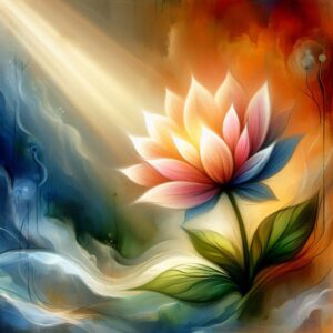 An artistic depiction of a blooming flower surrounded by warm sunlight and a serene background, symbolizing personal growth and transformation. The vibrant petals in shades of pink and yellow represent hope, resilience, and renewal, while the soft sunlight evokes a sense of encouragement and optimism. The image is designed to inspire viewers to take their first step toward thriving and blooming into their best selves.