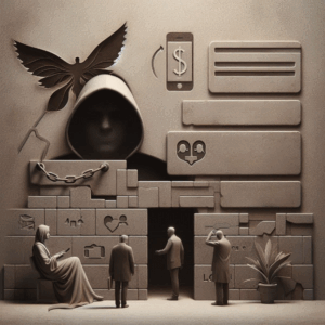 A surreal digital illustration depicting barriers to accessing mental health care. The central figure, cloaked in a hood, represents stigma and uncertainty, surrounded by fragmented symbols such as a locked chain, financial icons, and communication barriers. Smaller figures in the foreground display expressions of confusion, frustration, and isolation, emphasizing the struggles people face when seeking help. The background consists of scattered digital icons, reinforcing themes of societal influences on mental health care access. The muted color palette enhances the feeling of complexity and constraint.