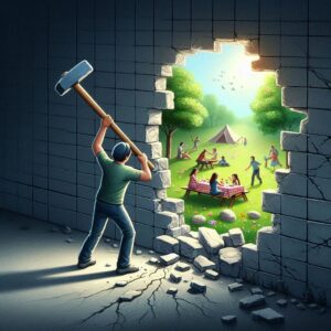 A person stands in a dark, enclosed space, surrounded by towering walls. They grip a sledgehammer tightly, striking the wall with force. Cracks begin to form, allowing small beams of light to shine through the gaps. Beyond the broken sections, a lush meadow is visible—filled with people enjoying picnics, playing games, and sharing laughter. The contrast between the dark isolation behind the wall and the vibrant, open world beyond emphasizes the journey of breaking down emotional barriers to embrace connection and joy.