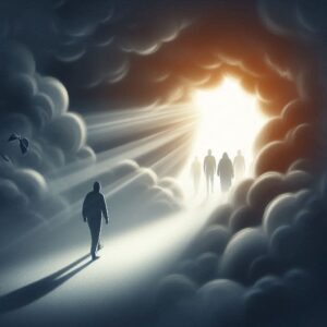 A person stands surrounded by a thick, shadowy fog, representing past emotional pain. Their posture appears uncertain, yet as they take a step forward, the fog begins to lift, revealing a sunlit path ahead. Along the path, supportive figures stand nearby, their presence offering warmth and reassurance. The contrast between the dark fog and the bright, open path illustrates the journey from isolation to connection, symbolizing healing and emotional growth.