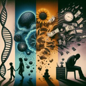 A visually engaging infographic illustrating factors that influence mental health. The image includes four key sections: 'Biological Influences,' featuring DNA strands to represent genetic factors; 'Childhood Trauma and Adverse Experiences,' depicted with a shadowed figure of a child to symbolize early-life struggles; 'Chronic Stress and Life Challenges,' represented with a stressed individual surrounded by financial and workplace-related icons; and 'Grief and Loss,' showing a grieving person next to a fading silhouette to signify emotional hardship. The design uses calming colors with clear labels to improve readability and comprehension.