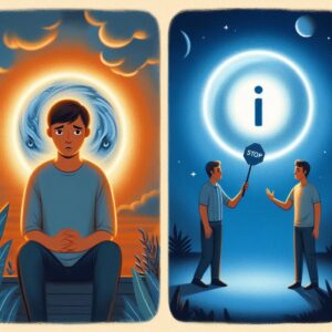 A person stands looking overwhelmed, their posture slightly tense. In front of them, a glowing circle forms, representing a calm space where they can recognize their personal needs. As they step forward into this peaceful area, the scene shifts to a conversation between two people—one gesturing openly while using an 