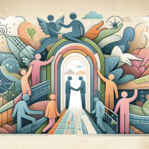 A symbolic illustration depicting mental health accessibility. The image features diverse individuals reaching out to support one another, emphasizing connection and emotional well-being. Abstract elements like bridges, open pathways, and extended hands represent overcoming barriers to mental health care. Soft, harmonious colors create a reassuring atmosphere, while subtle contrasts highlight the challenges people face in seeking help. The composition conveys unity, resilience, and the importance of accessible support systems.
