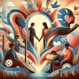 A conceptual illustration representing mental health and personal growth. The image features diverse individuals offering support and encouragement through gestures and expressions, symbolizing resilience and healing. Abstract elements such as open doors, bridges, and outstretched hands convey access to care and progress. A harmonious color palette creates a sense of warmth and optimism, while subtle contrasts highlight the challenges and triumphs of navigating mental well-being.