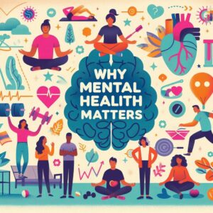 An uplifting and visually engaging image illustrating why mental health matters. The design features a diverse group of people supporting one another, symbolizing connection and emotional well-being. Soft, calming colors create a sense of reassurance, while subtle elements like speech bubbles and hand gestures emphasize communication and seeking help. In the background, representations of life's challenges—such as work stress, financial concerns, and emotional struggles—fade into the distance, reinforcing the message that mental health support leads to empowerment and resilience.
