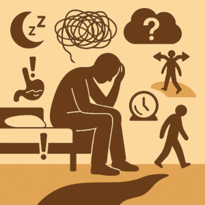 A symbolic square image portraying the invisible weight of anxiety in everyday life. A lone figure sits at the center of a dim, surreal space, surrounded by subtle visual cues: swirling scribbles above the head represent racing thoughts and insomnia; a maze-like floor beneath their feet echoes decision paralysis; faint human silhouettes receding into shadows symbolize avoidance; tight coils around the chest area suggest physical tension; and translucent gears rotating behind them indicate relentless mental over-processing. The overall tone is introspective and emotionally resonant, illustrating the compounded impact of anxiety’s many forms.