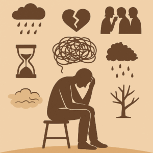 A dreamlike, surreal composition featuring a solitary figure seated at the center of a dim, abstract landscape. Above the figure, thin wires stretch outward in all directions—some tangled, some frayed—symbolizing persistent, uncontrollable worry (GAD). In the distance, a looming shadow casts a burst of chaotic energy, representing sudden panic (Panic Disorder). Faint silhouettes of people appear behind translucent barriers, illustrating isolation and fear of judgment (Social Anxiety). A cracked, time-worn doorway flickers with fragmented light, evoking memories and unease from past trauma (PTSD). The overall color palette shifts from cool blue to muted gray, capturing the emotional weight and nuance of anxiety’s many forms.