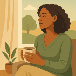 A symbolic square illustration of a person seated in a softly lit room, framed by a large window casting warm sunlight. Their posture is grounded and serene, surrounded by subtle imagery—a blooming plant, a steaming cup of tea, and a gently glowing heart silhouette—to represent calm, growth, and the emotional strength found in seeking anxiety support.