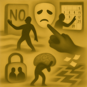 Surreal square artwork symbolizing gaslighting through abstract visual metaphors. A fractured environment of shifting reflections, distorted shadows, and fog-lined panels evokes emotional manipulation, psychological confusion, and memory distortion. Muted lighting and soft surreal forms represent the silent tension of gaslighting in relationships, workplace dynamics, and family settings.