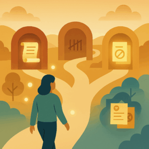 A winding path passes through three stylized gates: Gate of Forms with floating scrolls (symbolizing “Prior Authorization”) Gate of Limits with tally marks etched into stone (representing “Session Limits”) Gate of Exceptions glowing with layered tiles and symbols (for “Non-Covered Services”) The gates aren’t barriers—they’re passageways, lightly lit and open, showing progression, persistence, and potential. A figure gently moves forward, accompanied by floating orbs symbolizing support from therapists and advocates.