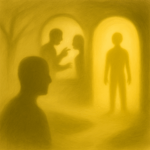 Square surreal artwork illustrating common misconceptions about gaslighting. Three fragmented mirrors hover above a winding landscape, each reflecting distorted scenes—one obscured by static, one overlaid with mismatched facial expressions, and one tinted with institutional architecture. Divergent silhouettes stand in isolated clusters across shifting terrain, suggesting relational complexity, blurred intentions, and unclear accountability. Soft beams of light pass through foggy gaps, representing clarity emerging through misunderstanding. The composition evokes themes of misidentification, relational diversity, and psychological nuance without relying on repeated symbols or text.