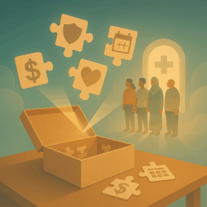 A serene scene with an open puzzle box resting on a table, each floating puzzle piece shaped like abstract symbols: a shield, a dollar sign, a heart, and a calendar. Behind it, a gentle light shines from a glowing doorway labeled with a universal symbol for healthcare, suggesting access. In the distance, a diverse group of people stand looking calmly toward the puzzle, symbolizing readiness to decode their mental health benefits.