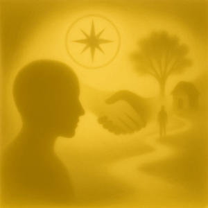 Symbolic image representing trauma-informed therapy and psychological healing: A barefoot figure stands on cracked earth, hand over heart, surrounded by glowing threads that signify emotional recovery and reclaiming self after gaslighting. Above, constellations gradually reconnect, evoking clarity and empowerment through EMDR, CBT, and somatic therapy. Soft beams of light guide the individual forward, symbolizing relationship healing, inner trust, and the supportive care offered by Perry Mental Health Services for Illinois and Nevada residents.