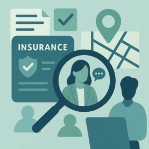 A winding path made of interlocking puzzle pieces leads through a serene landscape of abstract trees and soft hills. Along the path are glowing waypoints—each representing guidance, clarity, and connection. In the distance, a small, stylized building sits quietly, suggesting therapeutic support. No text, just peaceful symbolism conveying direction and trust in finding in-network mental health care.