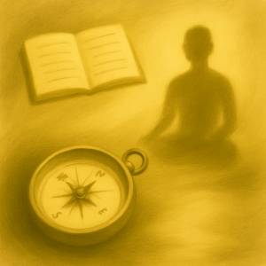 Square surreal artwork symbolizing emotional grounding and self-trust recovery. A winding path of soft moss curves through a quiet forest, lined with reflective stones and textures that invite sensory presence. A gently glowing compass rises from the earth beside a steady stream, with subtle light illuminating blooming wildflowers nearby. Silhouettes pause in mindfulness near the water’s edge, suggesting clarity, healing, and reconnection. The scene evokes themes of reality anchoring, emotional regulation, and rebuilding internal guidance after gaslighting