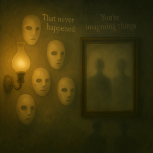 “Surreal illustration of psychological gaslighting featuring a misty, dreamlike room with faceless theatrical masks suspended in mid-air. Ambient phrases like ‘That never happened’ and ‘You’re imagining things’ glow faintly on the walls. A flickering vintage gaslight illuminates a fogged mirror reflecting two abstract figures—one sharp and clear, the other blurred with uncertainty. Dual shadows stretch behind them, symbolizing fractured identity, emotional manipulation, and distorted reality.
