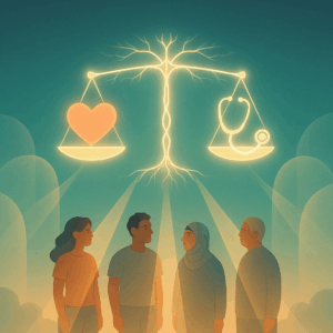 Symbolic illustration of a glowing neural pathway forming a balanced scale. One side cradles a heart and the other a stethoscope, floating in a tranquil, ethereal setting. Soft beams of light connect the scale to a diverse group of individuals, all illuminated evenly. Dissolving translucent barriers around them evoke legal protections and equal access to mental health care.