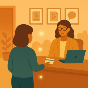 Therapist’s Office Front Desk Interaction A warm, welcoming office reception area. A figure speaks with a receptionist while gently placing an insurance card on the desk. Behind them, simple wall symbols indicate billing options, paperwork in progress, and supportive guidance.