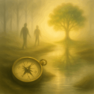 Square surreal artwork representing emotional healing and transformation after gaslighting. A gently cracked compass rests beside a shimmering stream, reflecting fractured imagery beneath soft fog. In the distance, a blooming tree with visible roots symbolizes growth and resilience. Silhouettes move from shadowed terrain toward open, radiant space, evoking empowerment, inner alignment, and psychological recovery. No text or figures dominate—only nature, light, and movement guide the scene.