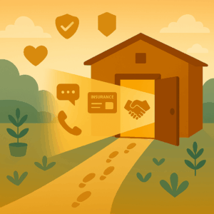 Open Clinic Door with Light Beams and Gentle Icons A stylized building stands with a warmly open front door. Light beams project outward, forming symbolic shapes such as phone icons, chat bubbles, insurance cards, and hands in partnership. Footprints gently approach the door, showing readiness and ease. In the sky above: simplified symbols of trust (heart, shield, checkmark) float calmly to reinforce your no-surprise, no-hidden-fees message.