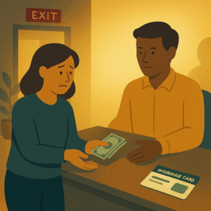 Symbolic square image depicting a quiet moment of concern. Two figures sit across from each other in a small, softly shadowed office. One figure hesitantly extends cash, their posture uncertain. An untouched insurance card lies clearly on the table between them, unacknowledged. Behind them, a blurred hallway and partially open door suggest an overlooked exit—a missed opportunity for advocacy or coverage. Lighting mixes warm yellow tones with subtle, uneasy shadows to convey emotional discomfort and the pressure of cash-first practices without transparency.