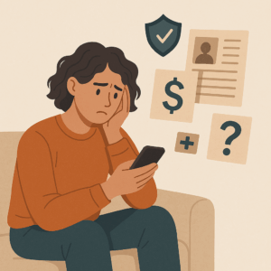 Illustration depicting the mental health insurance process—centered around a hopeful individual navigating confusing terms like 