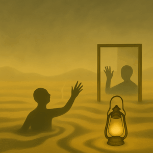 Symbolic representation of gaslighting featuring a surreal square landscape with shifting fog, fractured reflections, and distorted shadows. A flickering vintage gaslamp illuminates abstract surroundings, evoking emotional manipulation, psychological confusion, and distorted perception. No figures or text present, emphasizing atmosphere and metaphor.