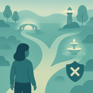 A calm forest scene features an abstract figure standing at a three-way fork in a winding path. Each path leads to a glowing destination nestled in nature: a serene bridge arches gently over a quiet stream (representing Single Case Agreement), a distant lighthouse radiates soft light through mist (symbolizing Out-of-Network Benefits), and a peaceful fountain bubbles within a clearing (suggesting HSA/FSA support). The environment evokes clarity, calm exploration, and empowered choice in navigating therapy options.