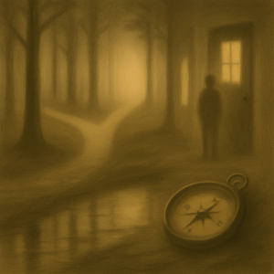 Square symbolic artwork illustrating emotional disconnection and psychological recovery. A foggy forest path splits into two trails—one fading into shadow, the other glowing with warm light. A compass rests beside a shimmering stream, reflecting broken images. Faded silhouettes stand near closed doors, with soft light pouring through distant windows. The surreal composition evokes themes of self-doubt, healing, and the emotional impact of gaslighting and trauma.