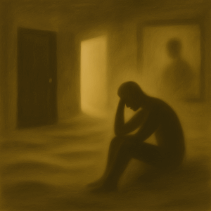 Symbolic square artwork representing the psychological impact of gaslighting. Abstract closed doors line a corridor bathed in flickering light, suggesting emotional isolation and disrupted perception. Blurred reflections stretch across fog-laced panels, evoking chronic self-doubt, hypervigilance, and loss of self-trust. The surreal composition conveys emotional abuse, inner conflict, and trauma symbolism without figures or text.