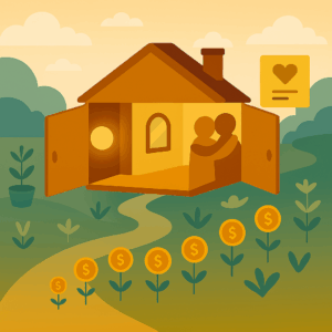 Symbolic square image showing a cozy, unfolding home. The house opens gradually to reveal three distinct interior spaces: one glowing warmly with light (symbolizing healing), another with a softly framed mirror (representing self-reflection), and a third filled with gentle, abstract figures embracing (illustrating strengthened relationships). Outside, small coins are planted like seeds along a blooming trail, suggesting personal investment and growth. The background features open skies and floating icons resembling insurance benefits, evoking optimism, progress, and emotional resilience.