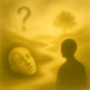 Square surreal artwork symbolizing emotional confusion, long-term impact, and recovery from gaslighting. A labyrinth of shifting pathways winds through fog-covered terrain where flickering orbs pulse gently above scattered compasses, suggesting fragmented perception and emergent clarity. A translucent boundary arcs between shadowed and illuminated zones, hinting at safety considerations and relational shifts. In the distance, soft light radiates from a stable structure surrounded by rooted trees, evoking gradual healing, psychological resilience, and trust restoration. No text or figures dominate—only abstract elements guide the emotional narrative.